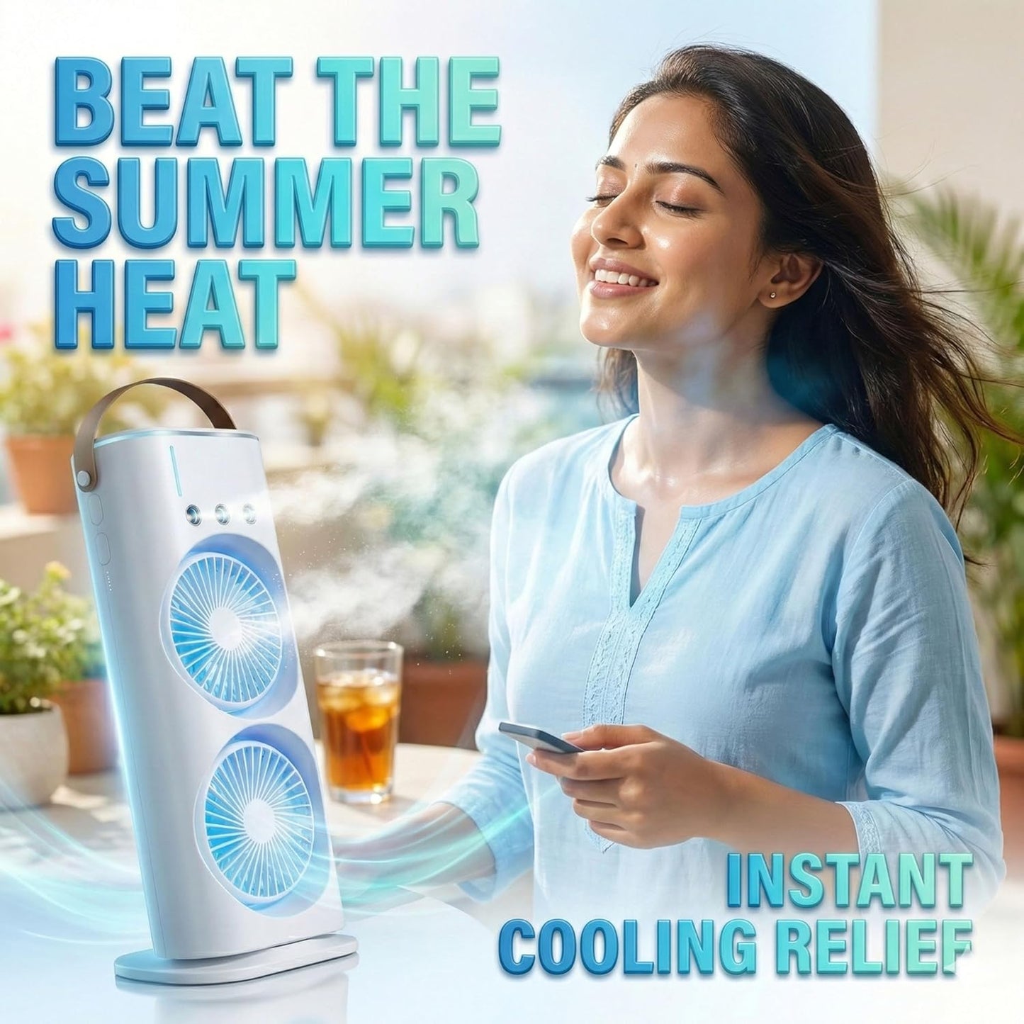 Eesome Portable Double Ended Spray Fan with Misting | USB Rechargeable Mini Air Cooler with LED Light | Touch & Remote Control | 3 Speed Cooling Fan with 280ml Water Tank