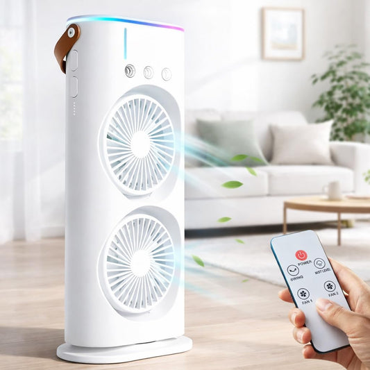 Eesome Portable Double Ended Spray Fan with Misting | USB Rechargeable Mini Air Cooler with LED Light | Touch & Remote Control | 3 Speed Cooling Fan with 280ml Water Tank