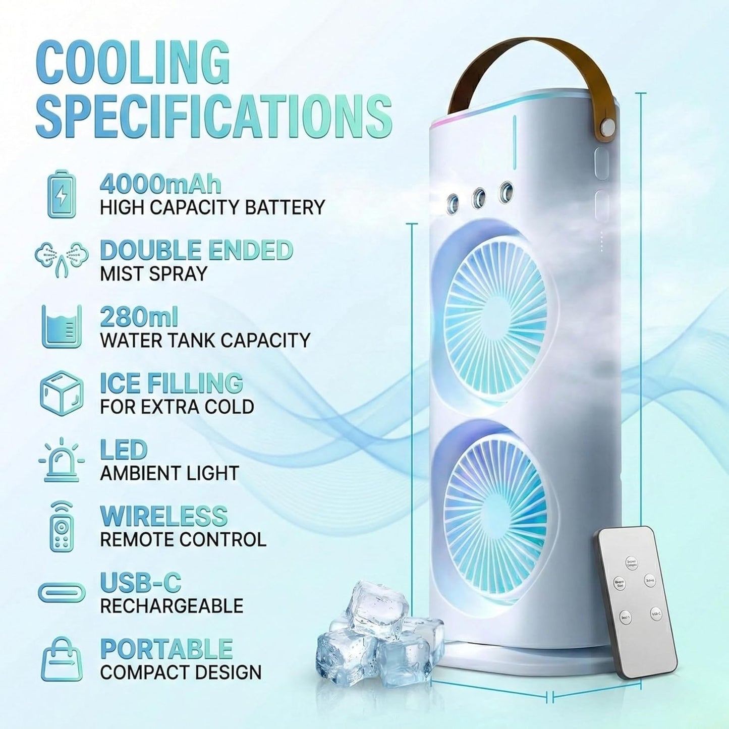 Eesome Portable Double Ended Spray Fan with Misting | USB Rechargeable Mini Air Cooler with LED Light | Touch & Remote Control | 3 Speed Cooling Fan with 280ml Water Tank